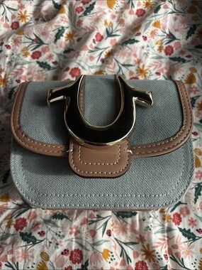 True Religion Light Blue Denim Mini Crossbody with Beige Trim